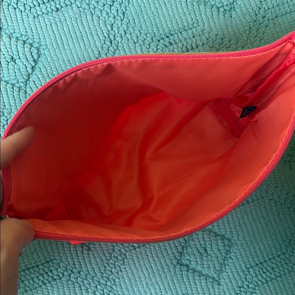 Stylish Tan Straw and Neon Red Women's Clutch or Cosmetics Bag with PomPom - Picture 2 of 3